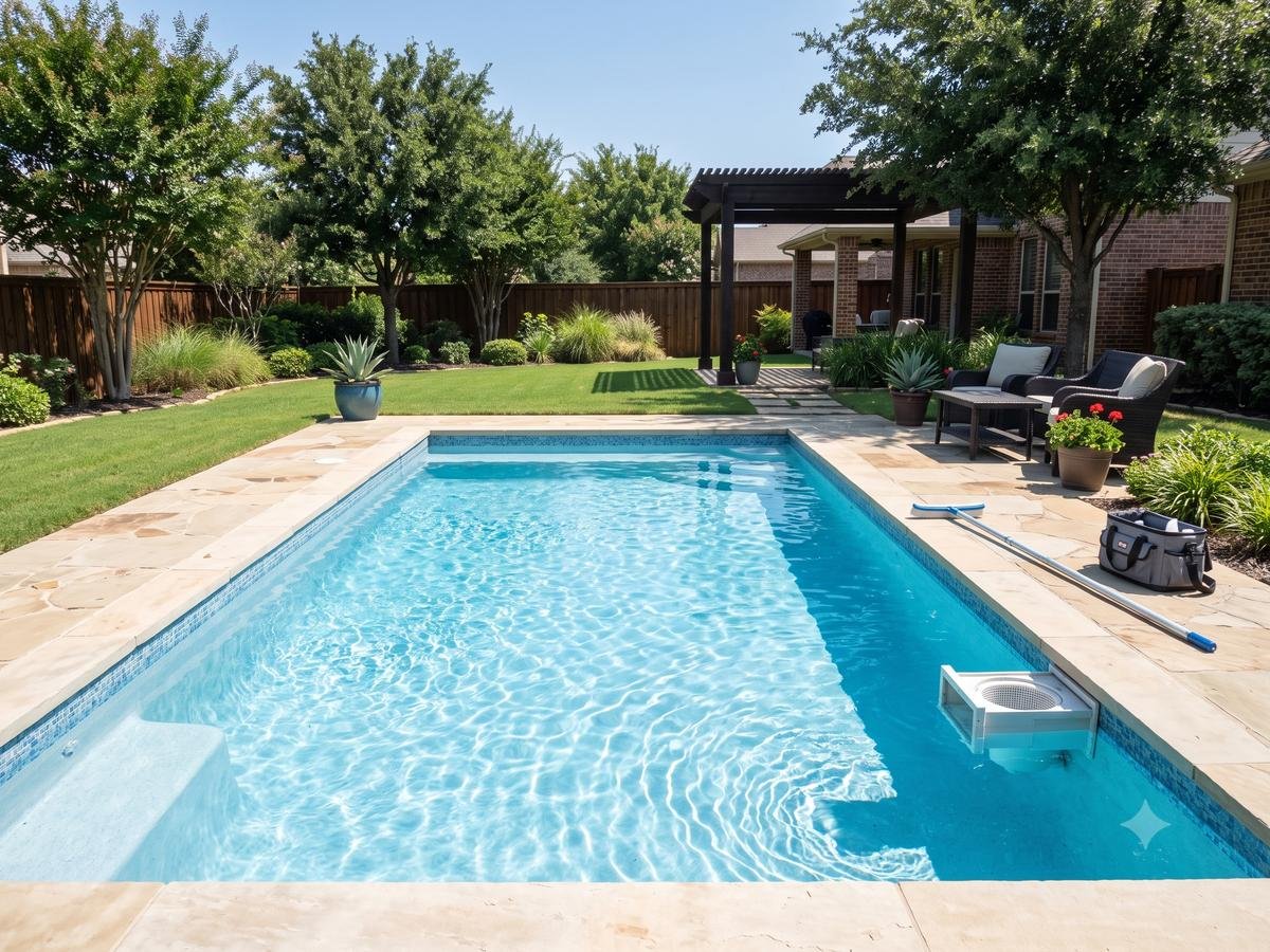 Freshly serviced backyard pool with clear blue water in east Dallas County