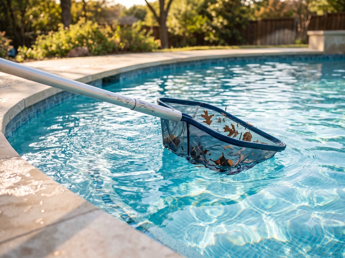 Skimming leaves from a clear blue pool during a service visit